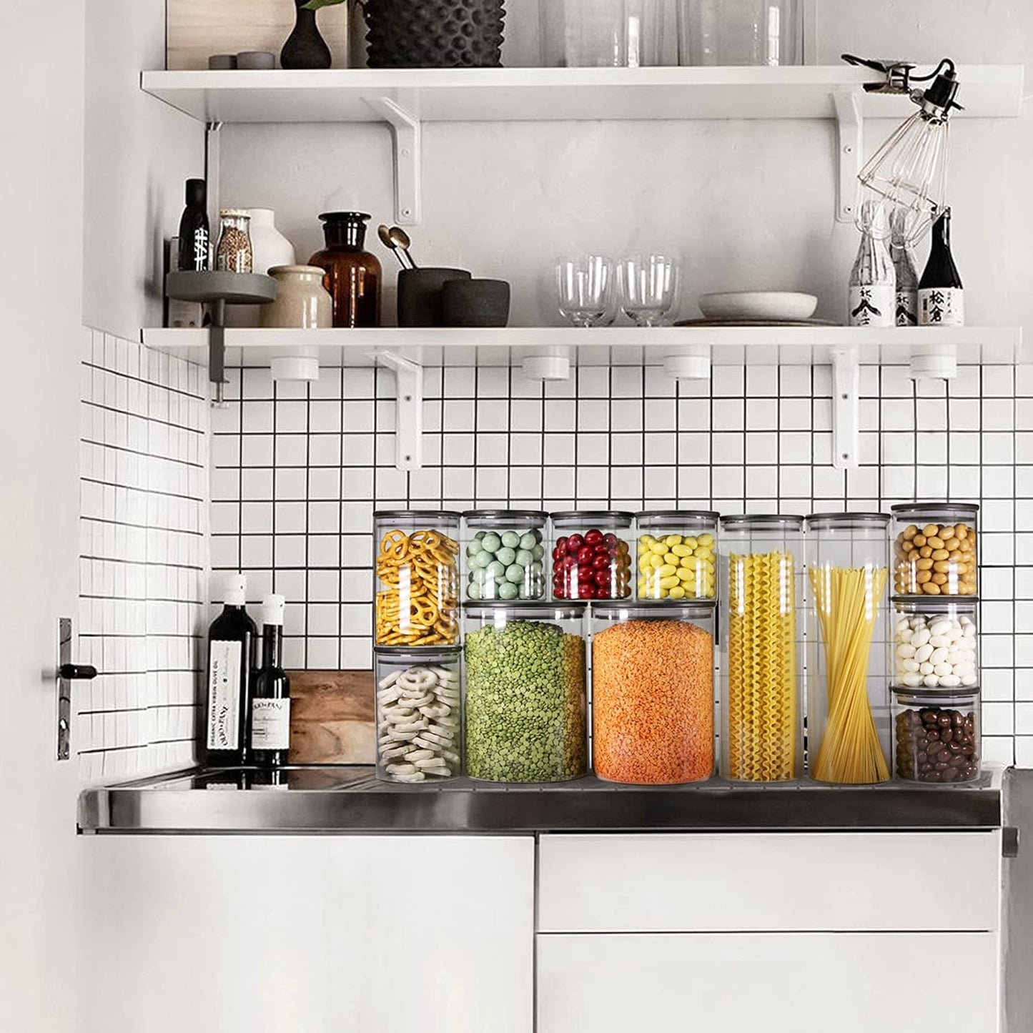 Urban Green Glass Jars with Black Lids, Glass Food Storage Canister with black lids, Pantry Flour