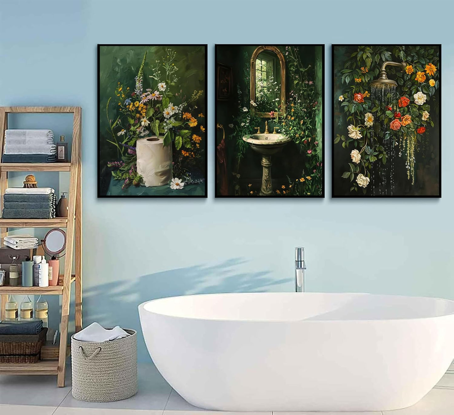 3Pcs Vintage Dark Green Bathroom Wall Art Shower Toilet Paper Roll Floral Poster Print Modern