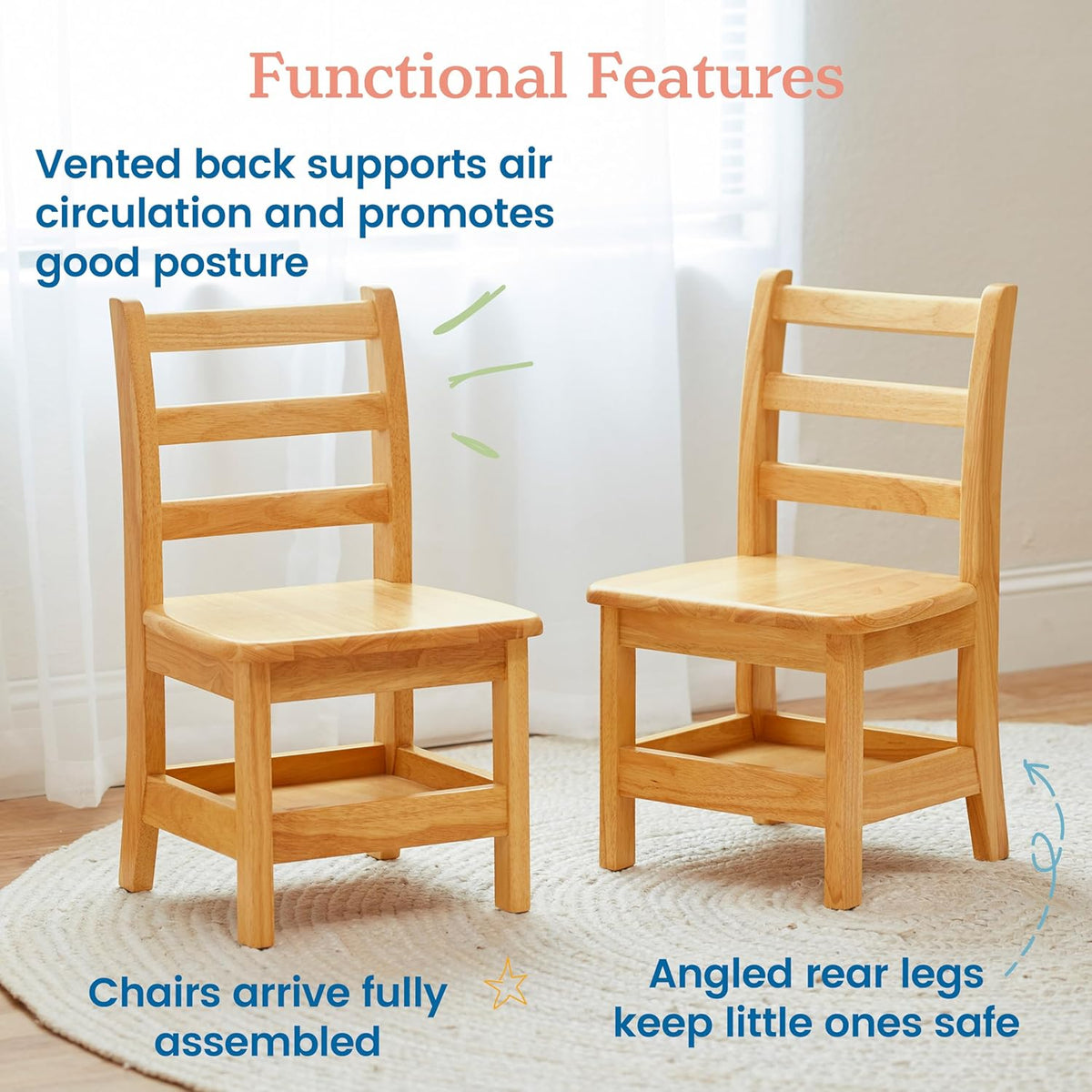 ECR4Kids Three Rung Ladderback Chair with Storage, 12in Seat Height, Classroom Seating, Honey