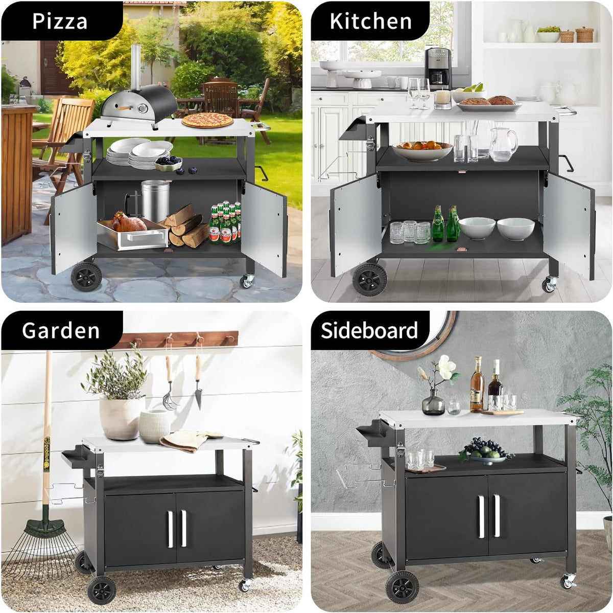 Dining Cart Table with Big Storage Cabinet, Movable Outdoor BBQ Grill Table Pizza Oven Stand