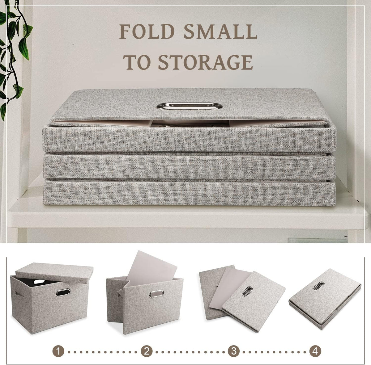 Medium 15" 21 Quart Collapsible Stackable Storage Bins with Lids, 3 Packs Beige Foldable Fabric