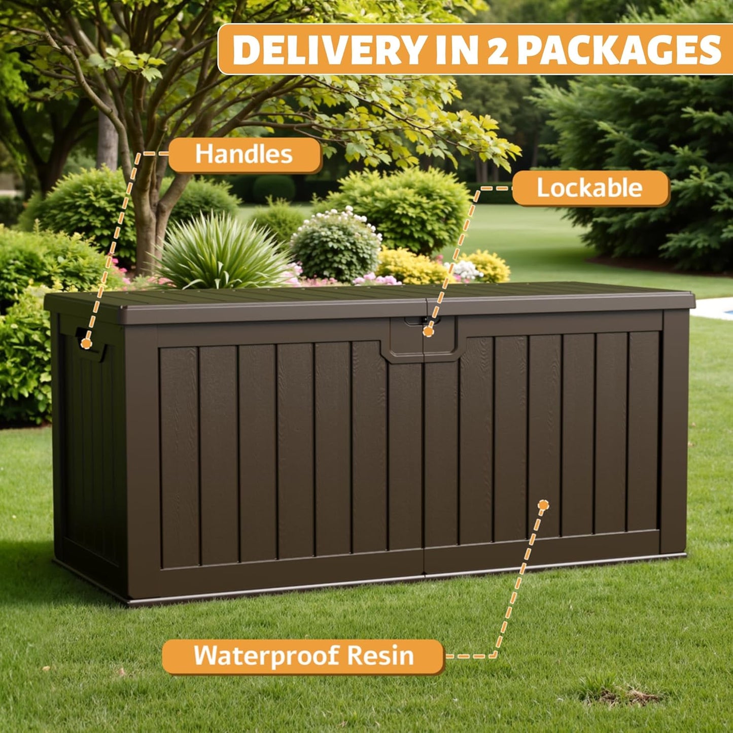 Flamaker Resin Deck Box 250 Gallon, Waterproof Imitation-Wood Lockable Storage Box with Separator