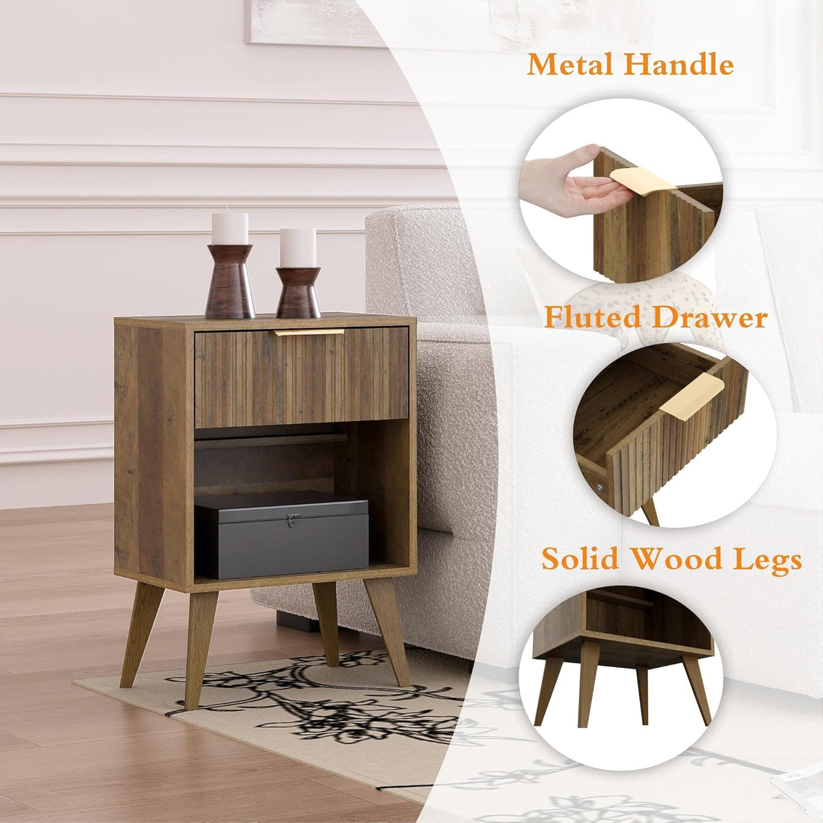 Fluted Night Stand with Opening Storage,Mid Century Bedside Table with Drawer,Wood Nightstand with