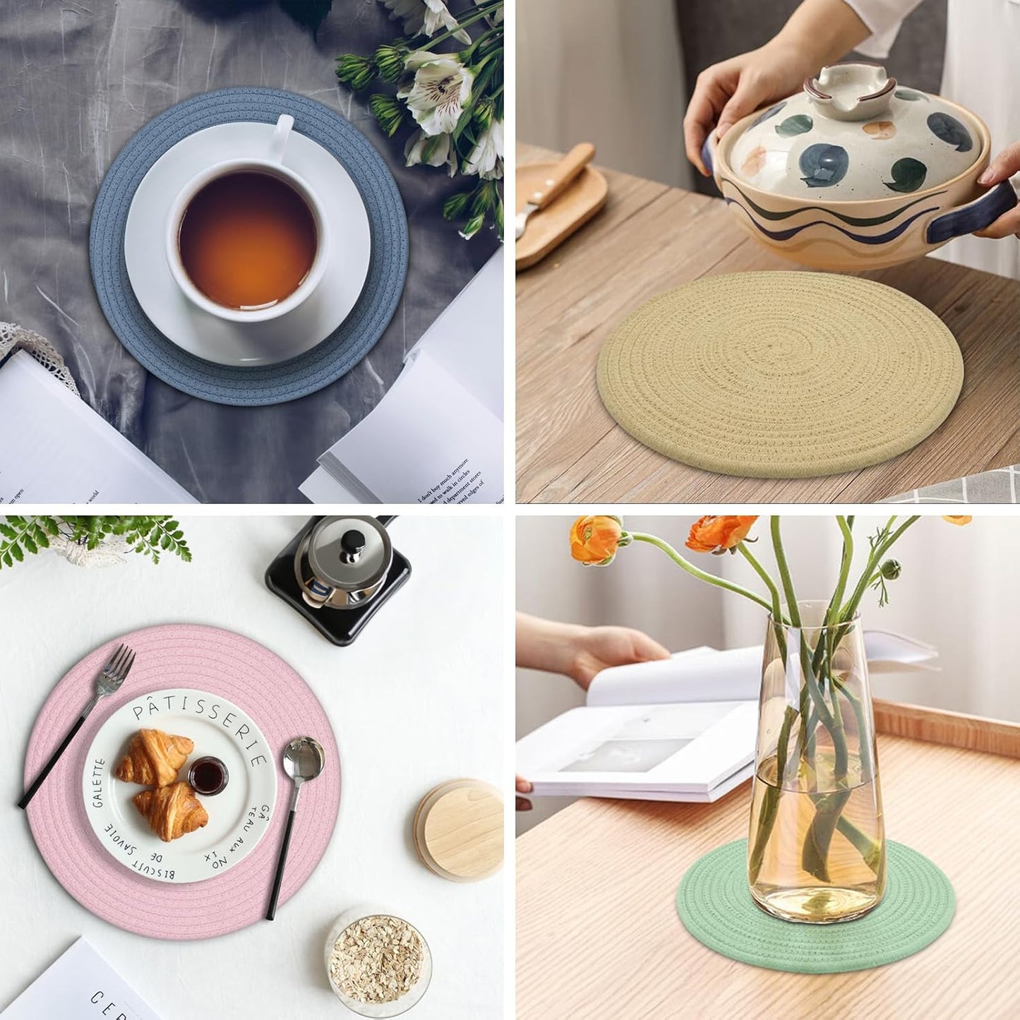 Round Placemats Set of 6, Cotton Rope Woven Table Mats, Hot Pads for Kitchen, Non Slip Heat