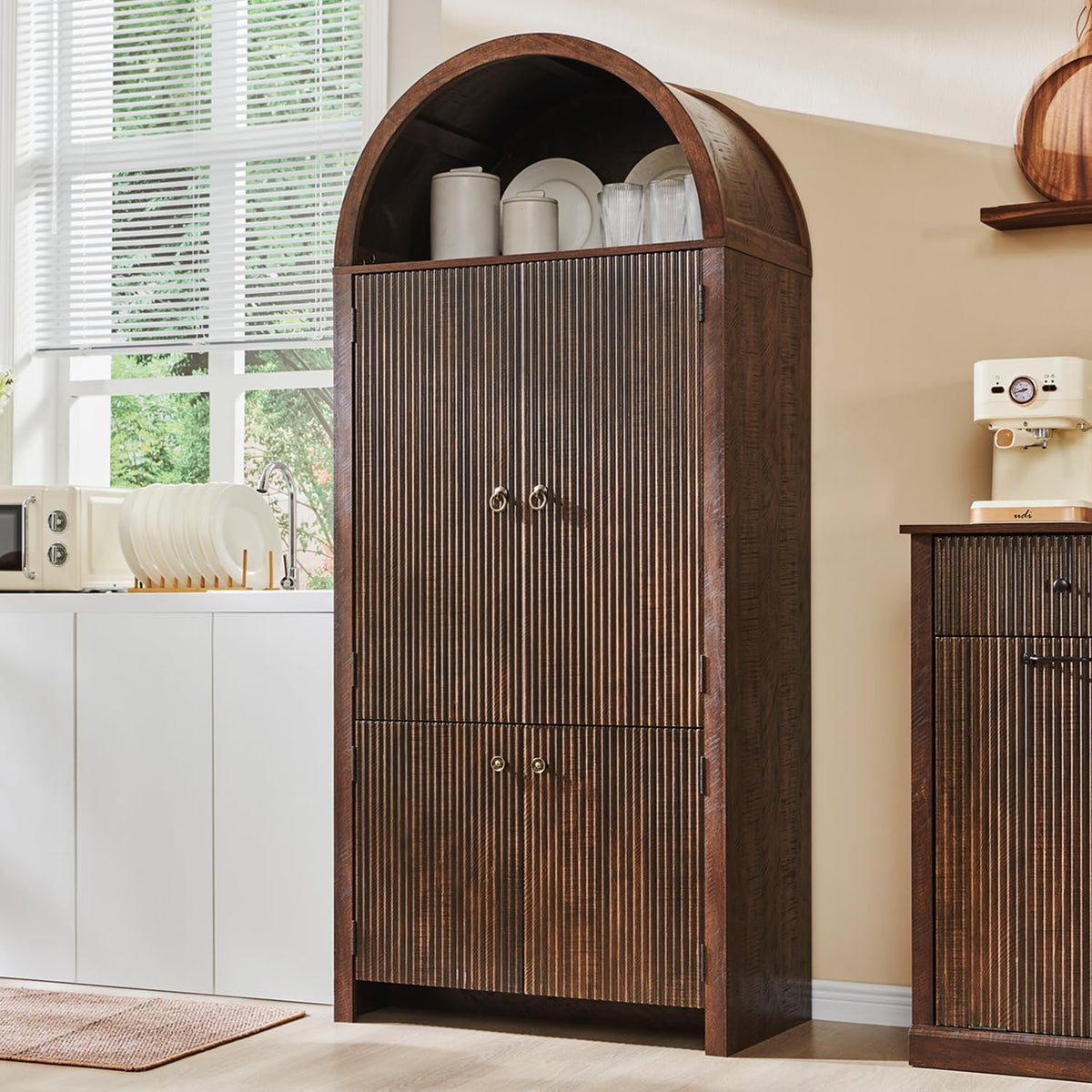 71" Tall Arched Bathroom Storage Cabinet, Modern Fluted Storage Cabinet w/Doors, 3 Adjustable
