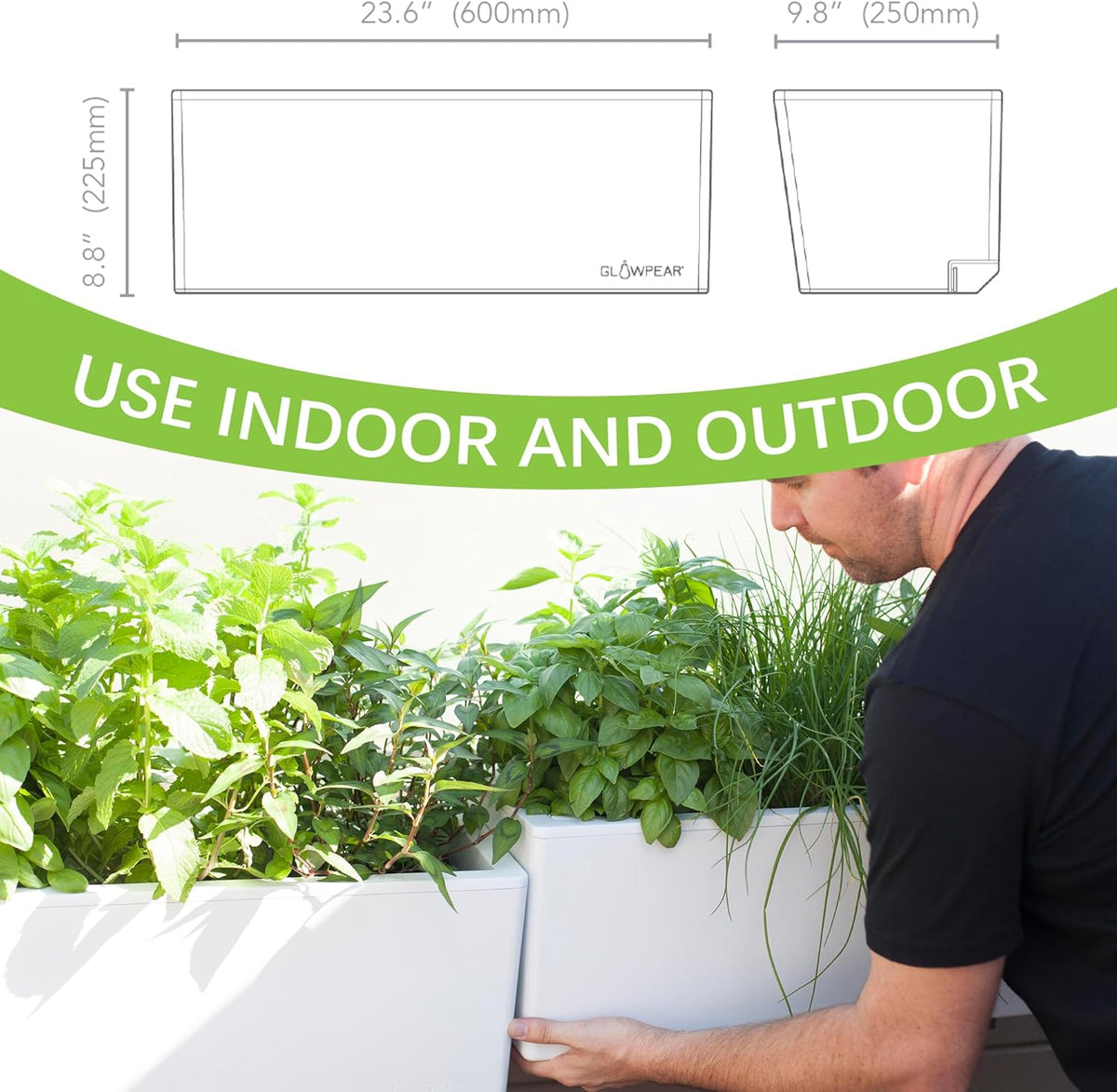 Glowpear Self Watering Railing Planter Box - 23.6", White - UV Stable, Scalable Plant Pot with