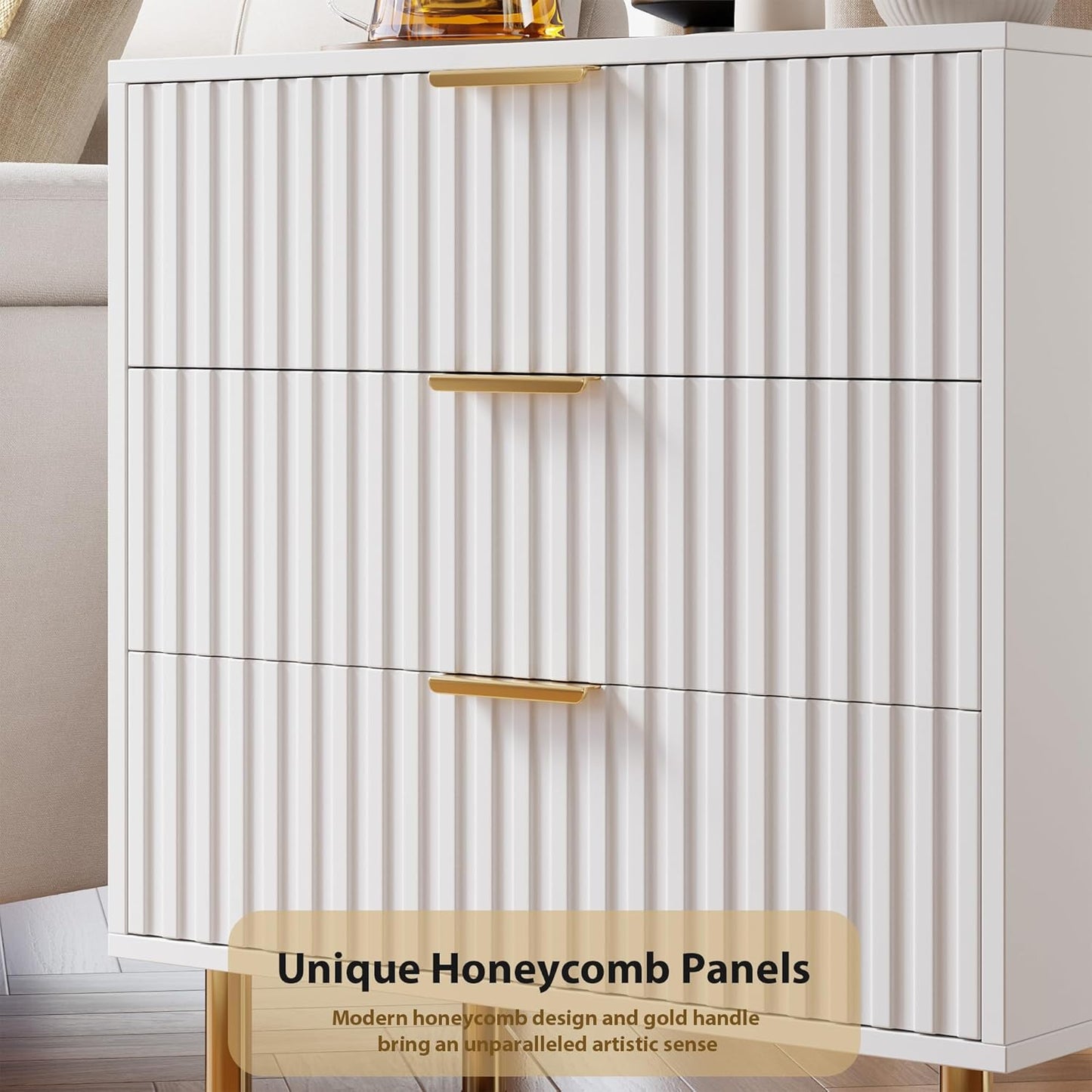 White 3 Drawer Dresser for Bedroom, Fluted Modern Nightstand with Deep Drawers, Chest of Drawers