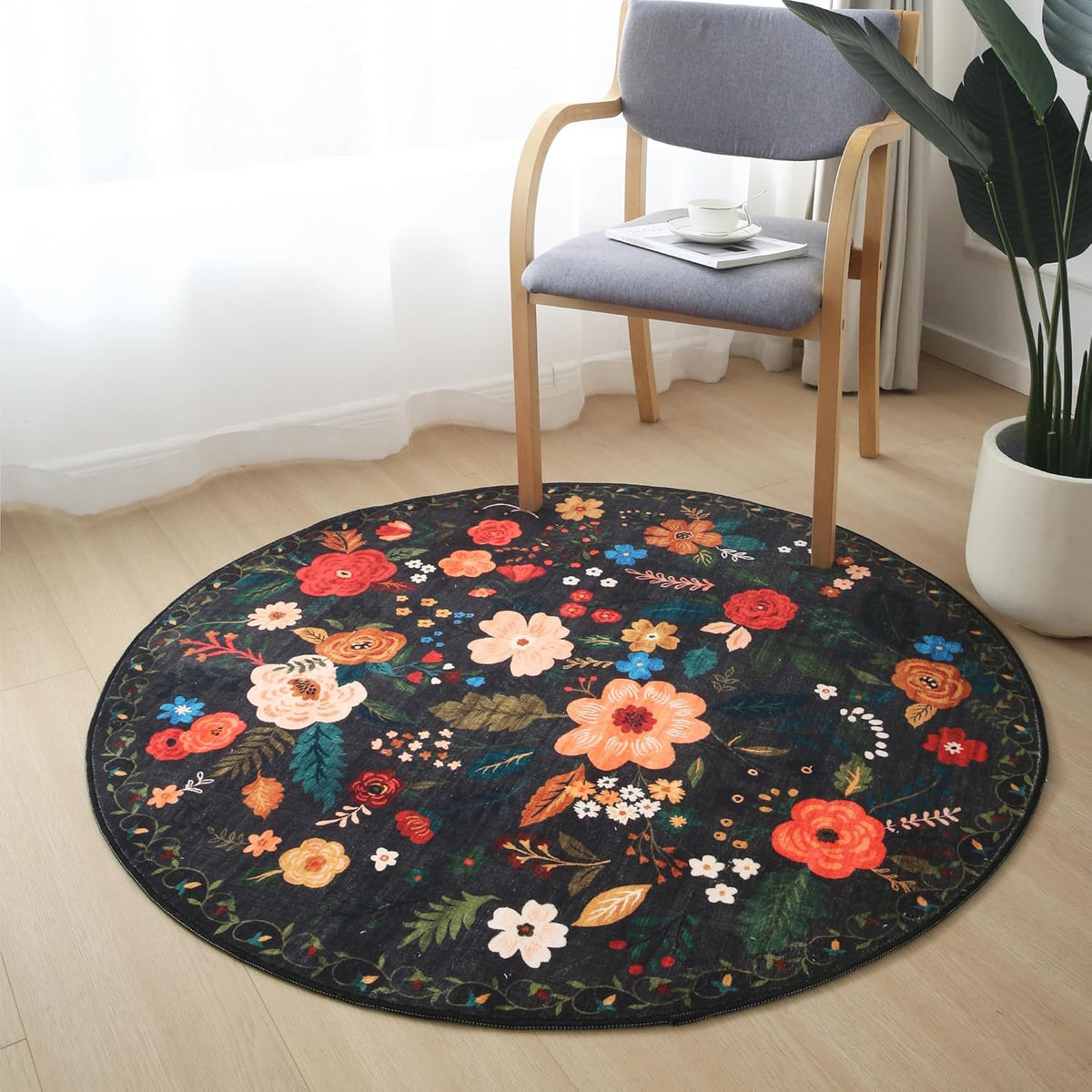 Round Rug 6ft Washable Circle Rug Non Slip Low Pile Boho Floral Small Circular Rug for Bedroom