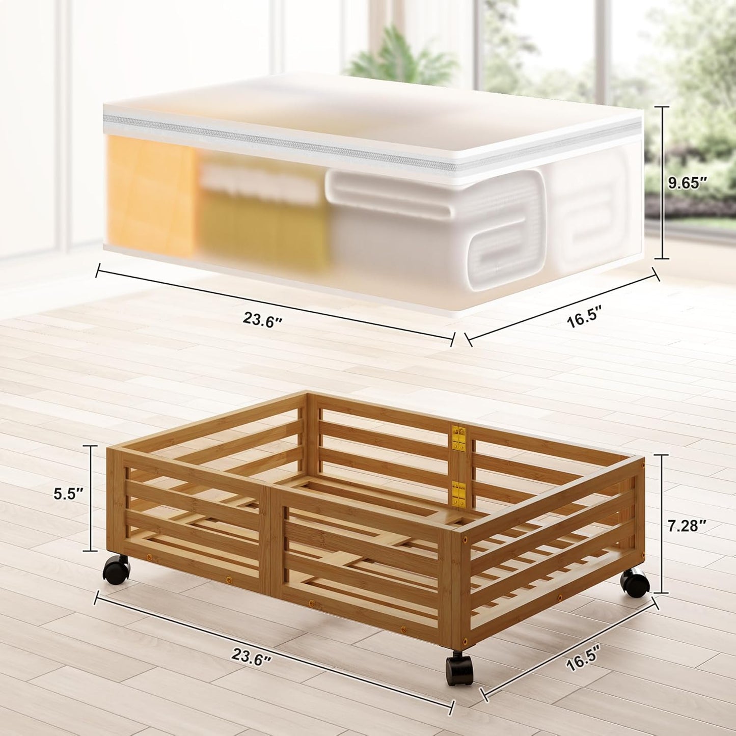 Under Bed Storage Containers With Wheels - 2 Pcs Bamboo Wood Rolling Underbed Shoe Storage Bins
