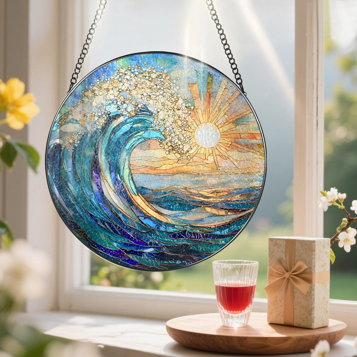 Sea Wave Stained Glass Suncatcher, 8 Inch Ocean Suncatchers for Window Hanging, Beach Lover Gifts