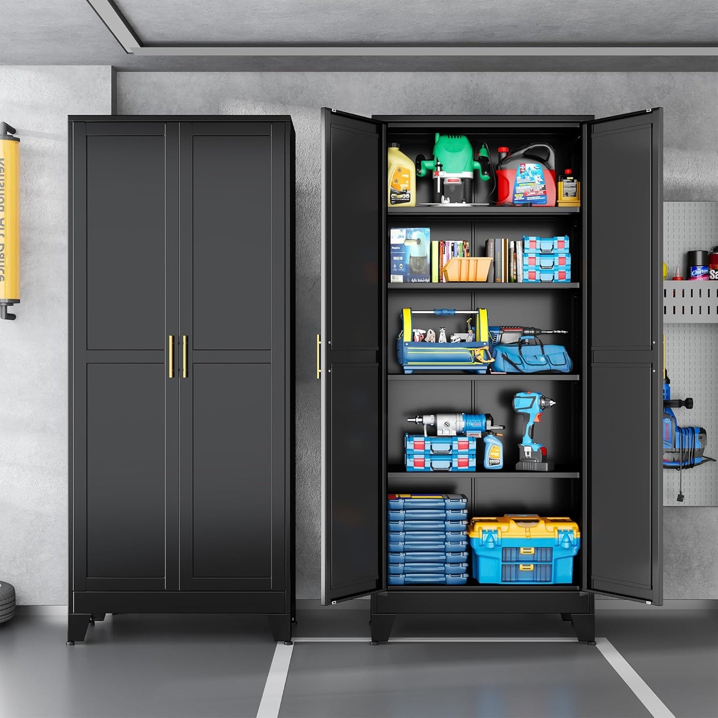 Black Metal Storage Cabinet,75" Steel Cabinets for Home Office, Kitchen Pantry Storage Cabinet with