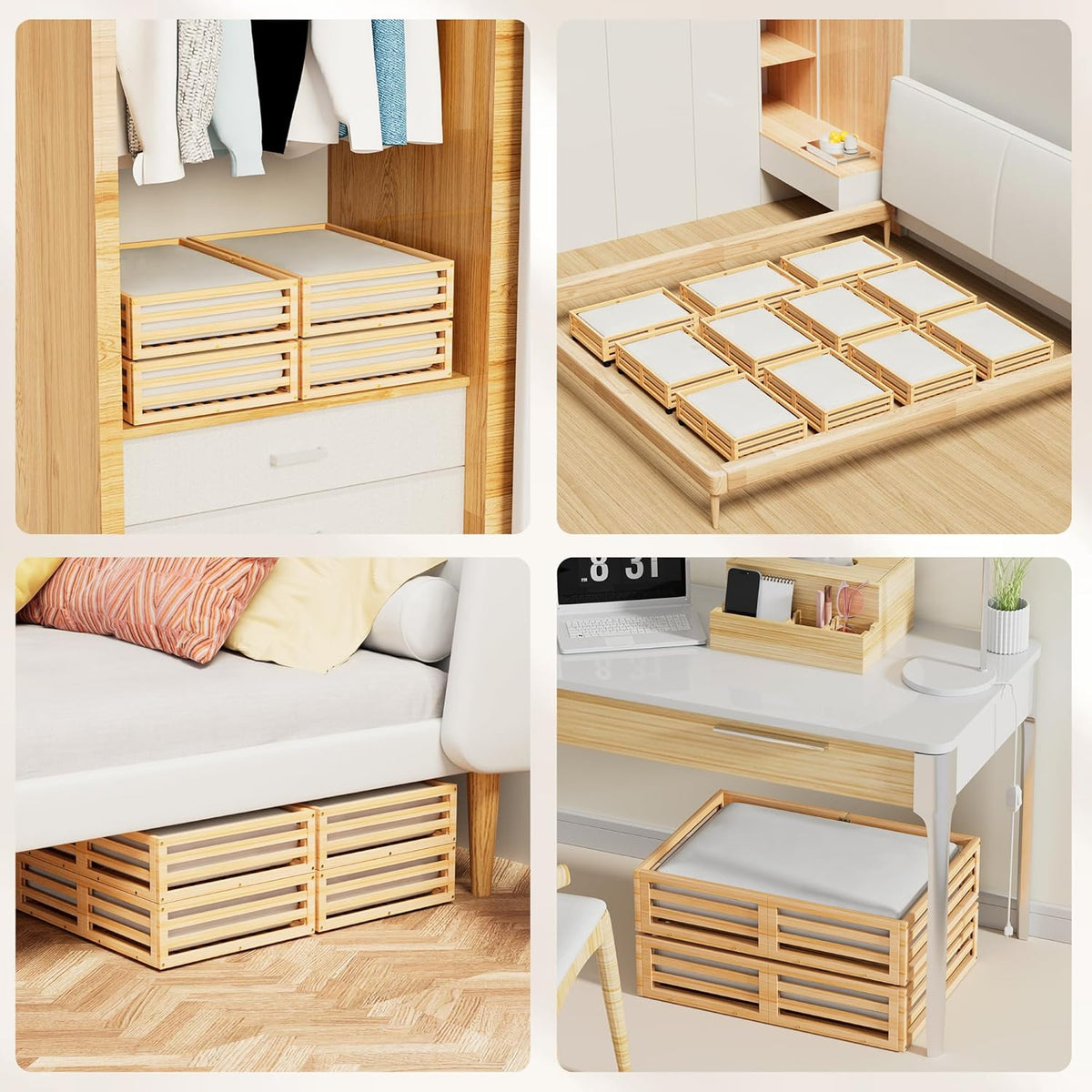 Bamboo Under Bed Storage Containers- Underbed Organizer with Wheels with Large Dust Bag,Sturdy Wood