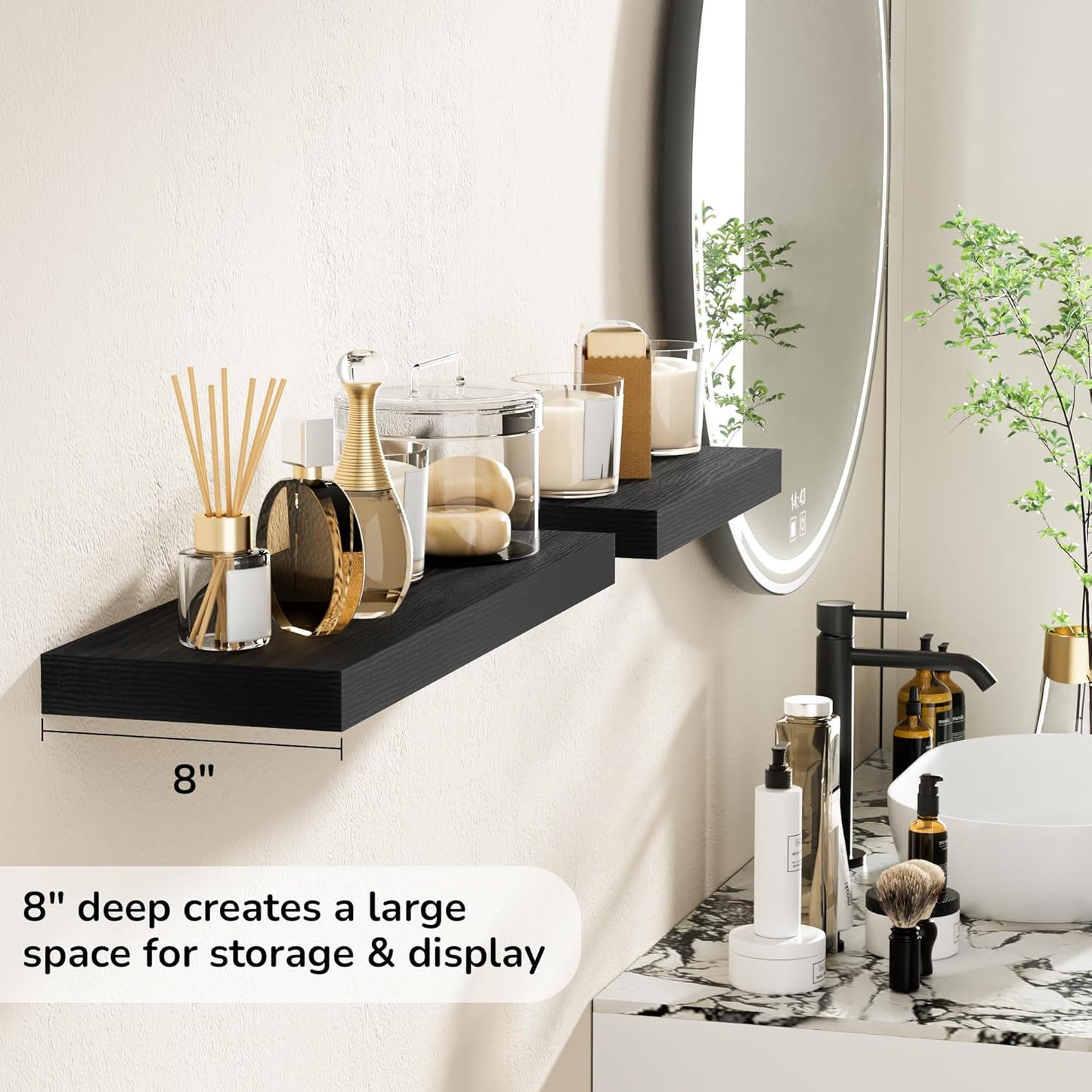 Fun Memories 24 Inch Floating Shelves - Deep Rustic Black Wooden Wall Shelves - Extra Deeper &