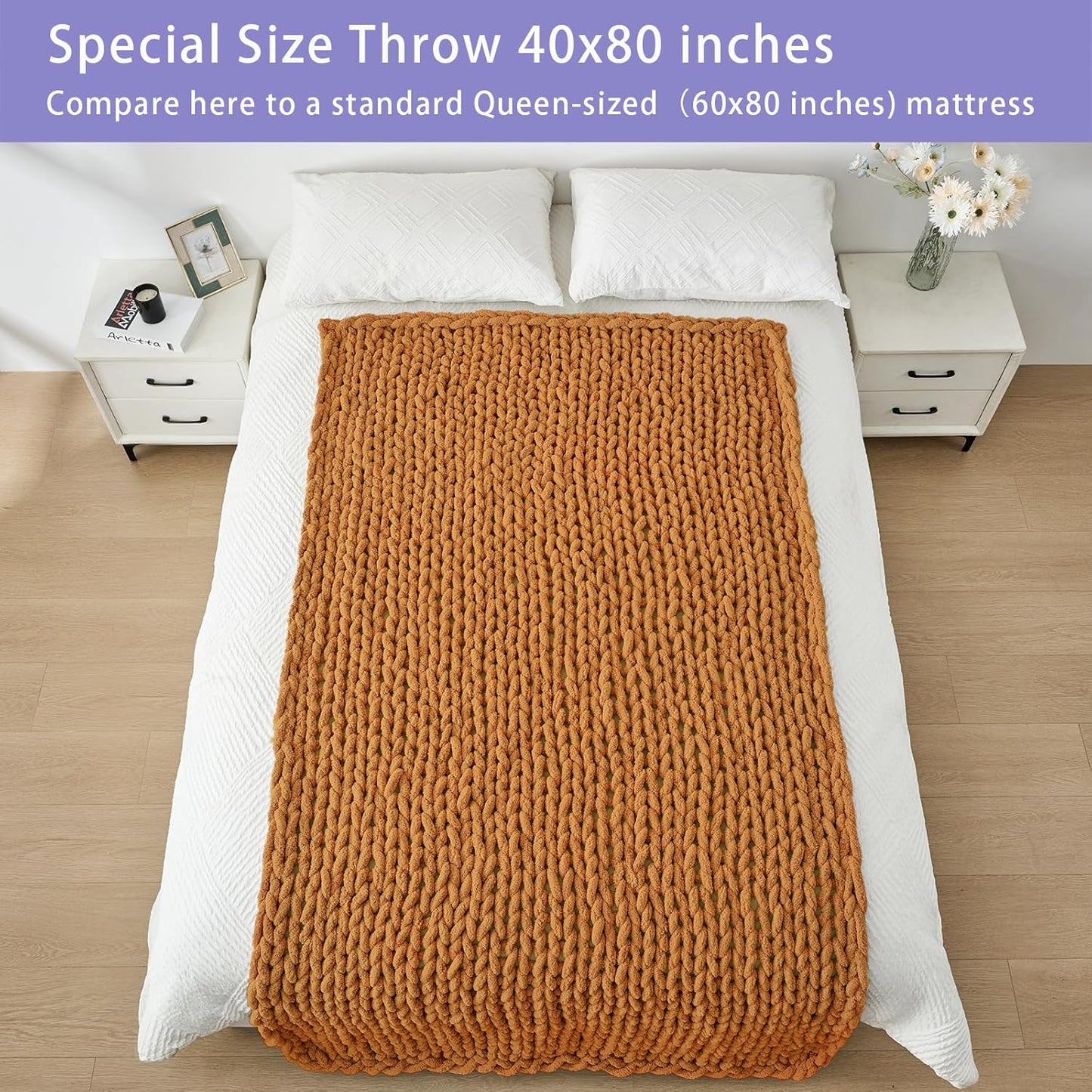 Bigacogo Chunky Knit Throw Blanket for Couch, 40x80 inches, 100% Hand Knitted with Thick Jumbo