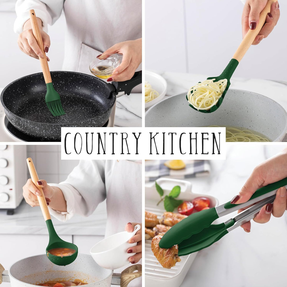 Country Kitchen Non Stick Silicone Utensil Set with Rounded Wood Handles for Cooking and Baking, 14