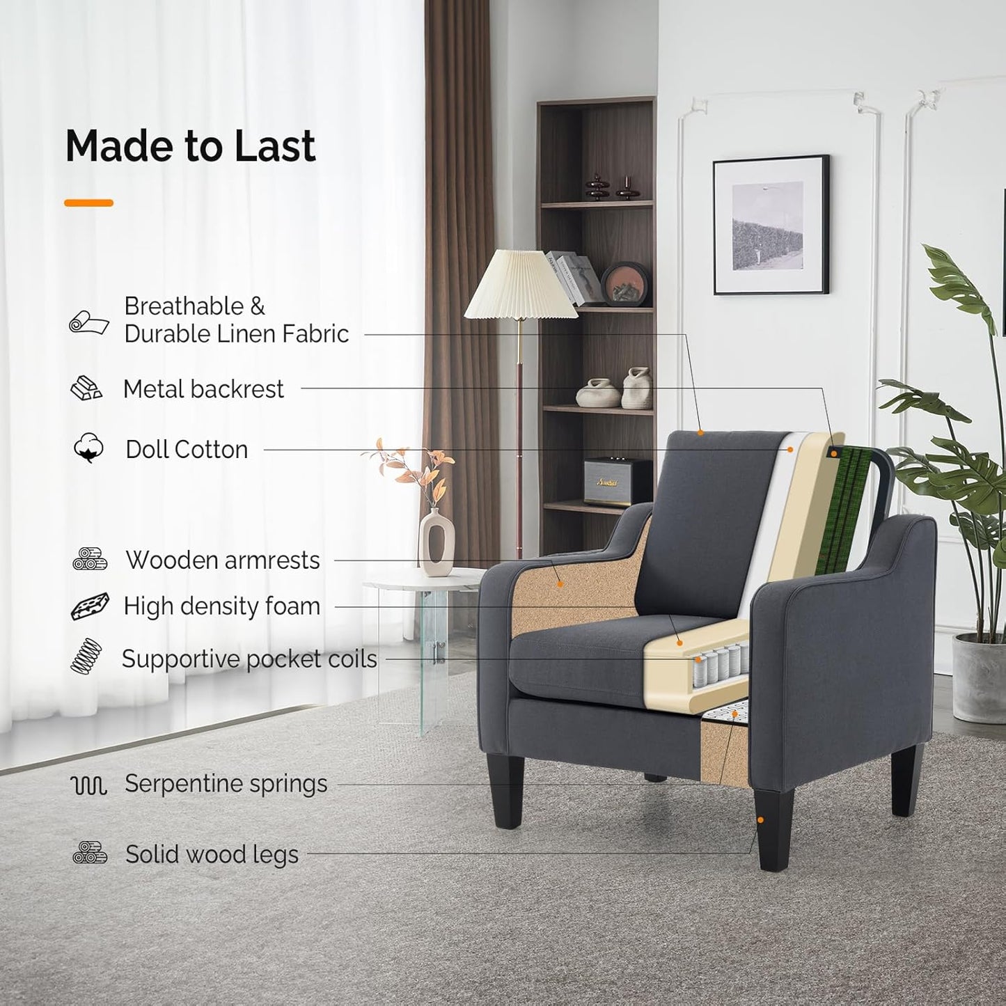 VINGLI Accent Chairs for Living Room Chairs Mid Century Modern Chair Sofa Chair Upholstered Arm