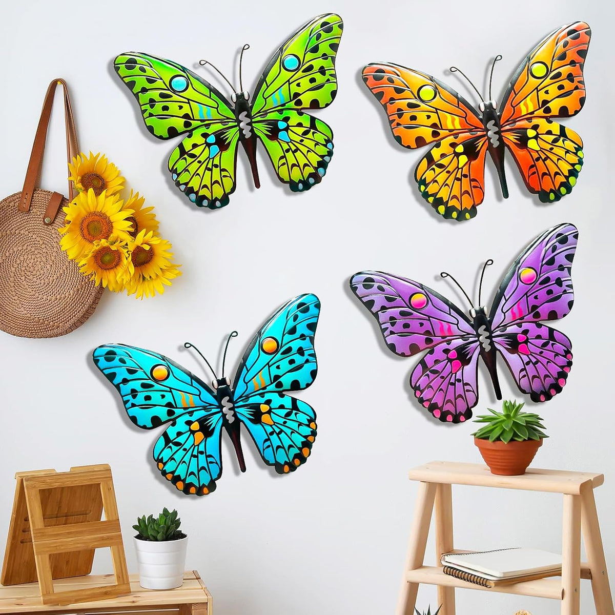 MACLARONX 4 PCS Metal Butterfly 9.6" Butterflies Outdoor Fence Yard Art Wall Decor Hanging