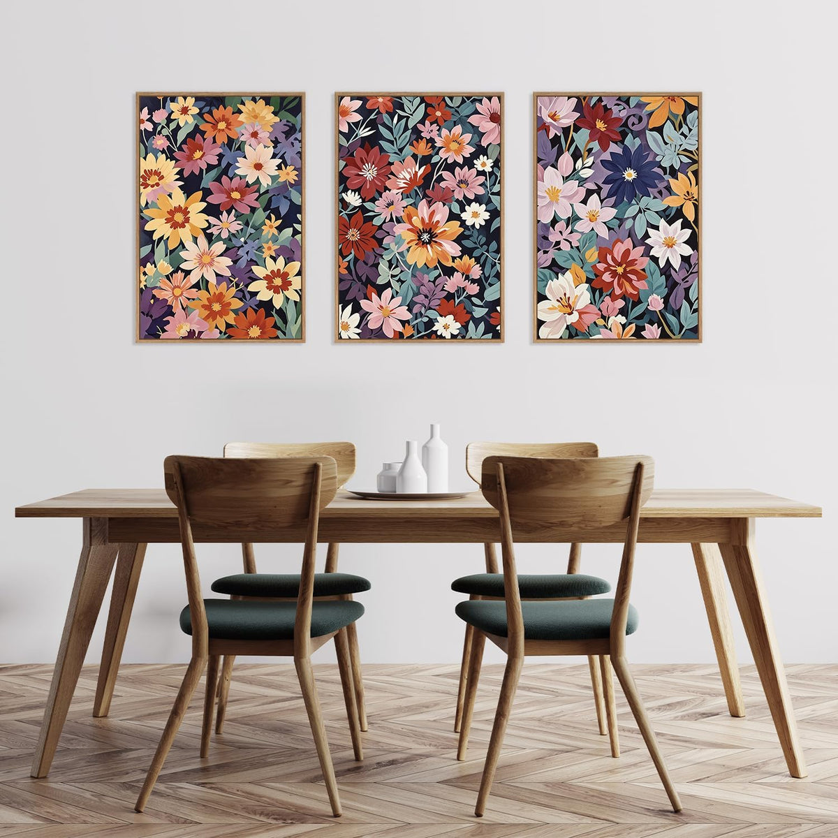 HLNIUC Boho Floral Framed Canvas Wall Art,Colorful Wildflower Landscape Wall Decor Set of