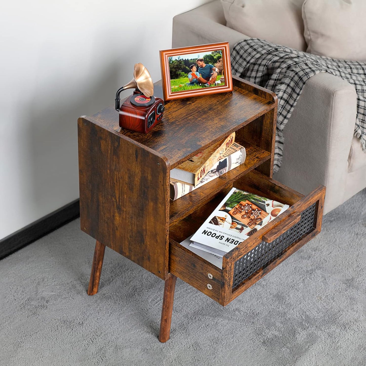 Lerliuo Rattan Nightstands Set of 2, Boho Side Table with Drawer Open Shelf, Cane Accent Bedside