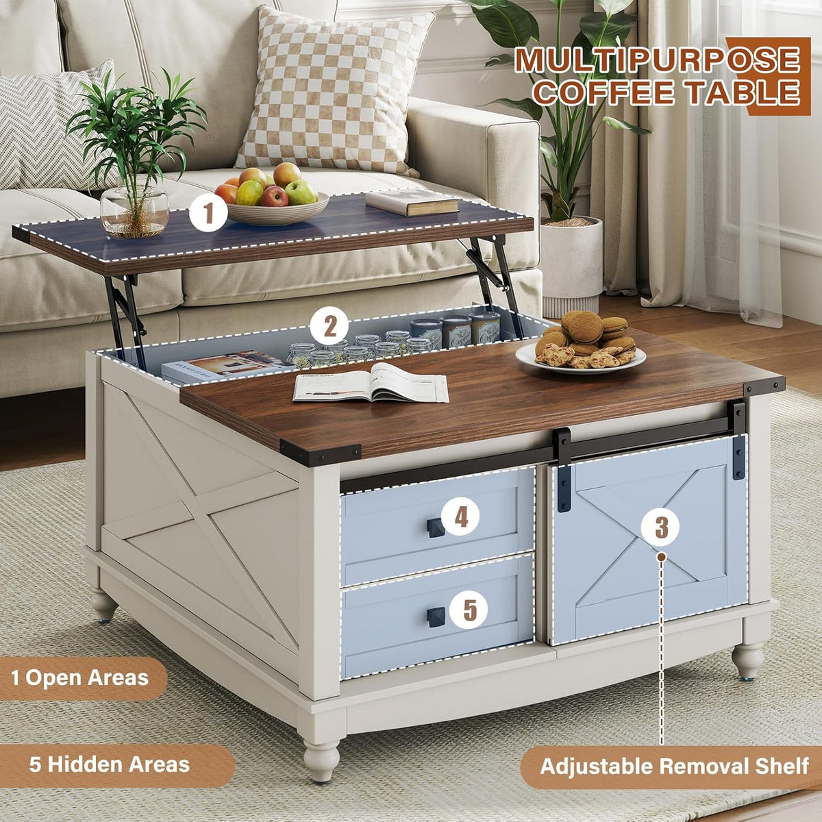 31.5" Lift Top Coffee Table with Storage, Farmhouse Coffee Tables for Living Room, Square Coffee