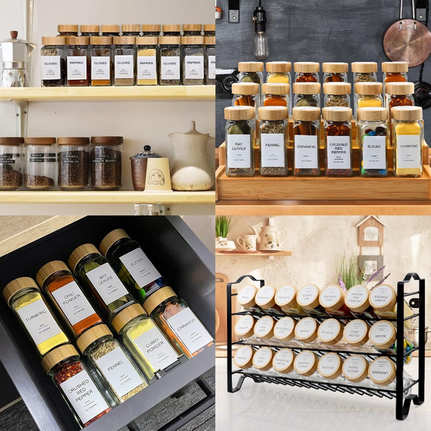 AISIPRIN Glass Spice Jars with 398 Labels, 24 pcs 4oz Spice Containers with Bamboo Lids, Square