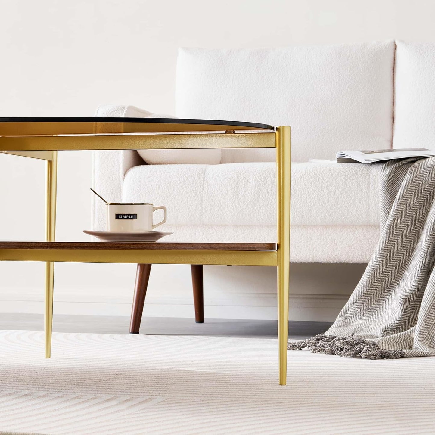 Oval Glass Coffee Table, Mid-Century Modern Design, L43 x W22 x H17 inch, 2-Tier Structure, Olive