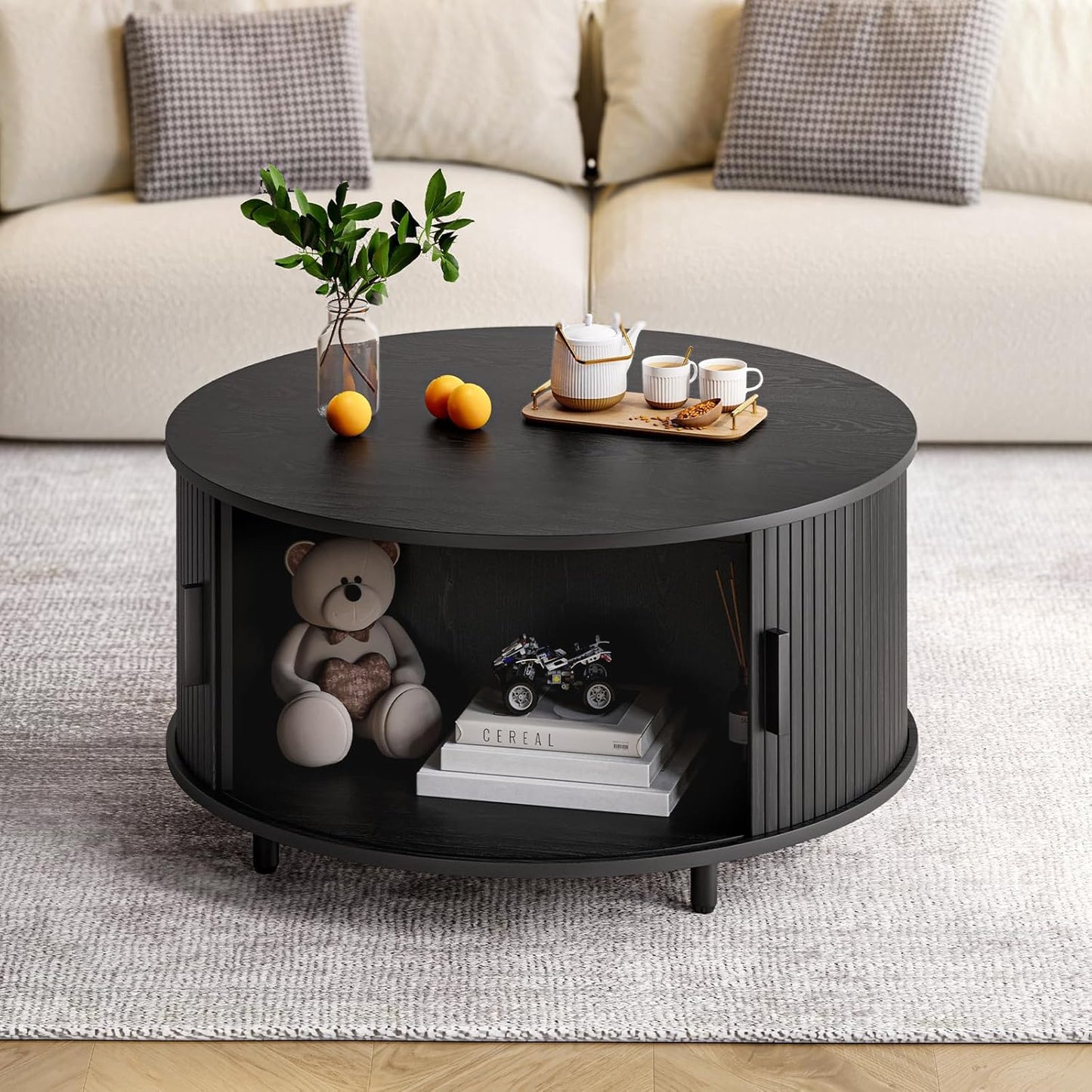 Round Coffee Table with Storage, 31.5" Modern Coffee Table with 360° Curved Sliding Door, Fluted