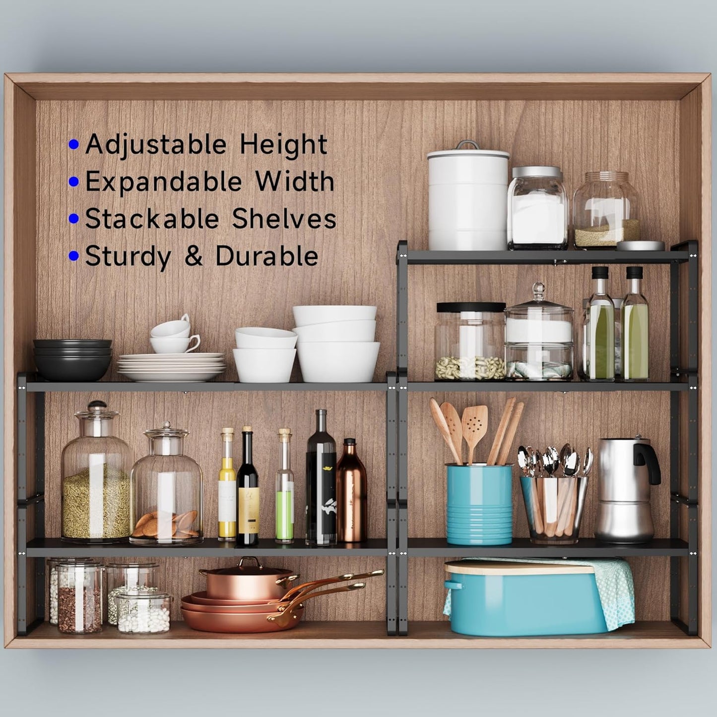 Expandable Cabinet Shelf Organizer, Stackable Kitchen Pantry Counter Storage, Adjustable Cupboard