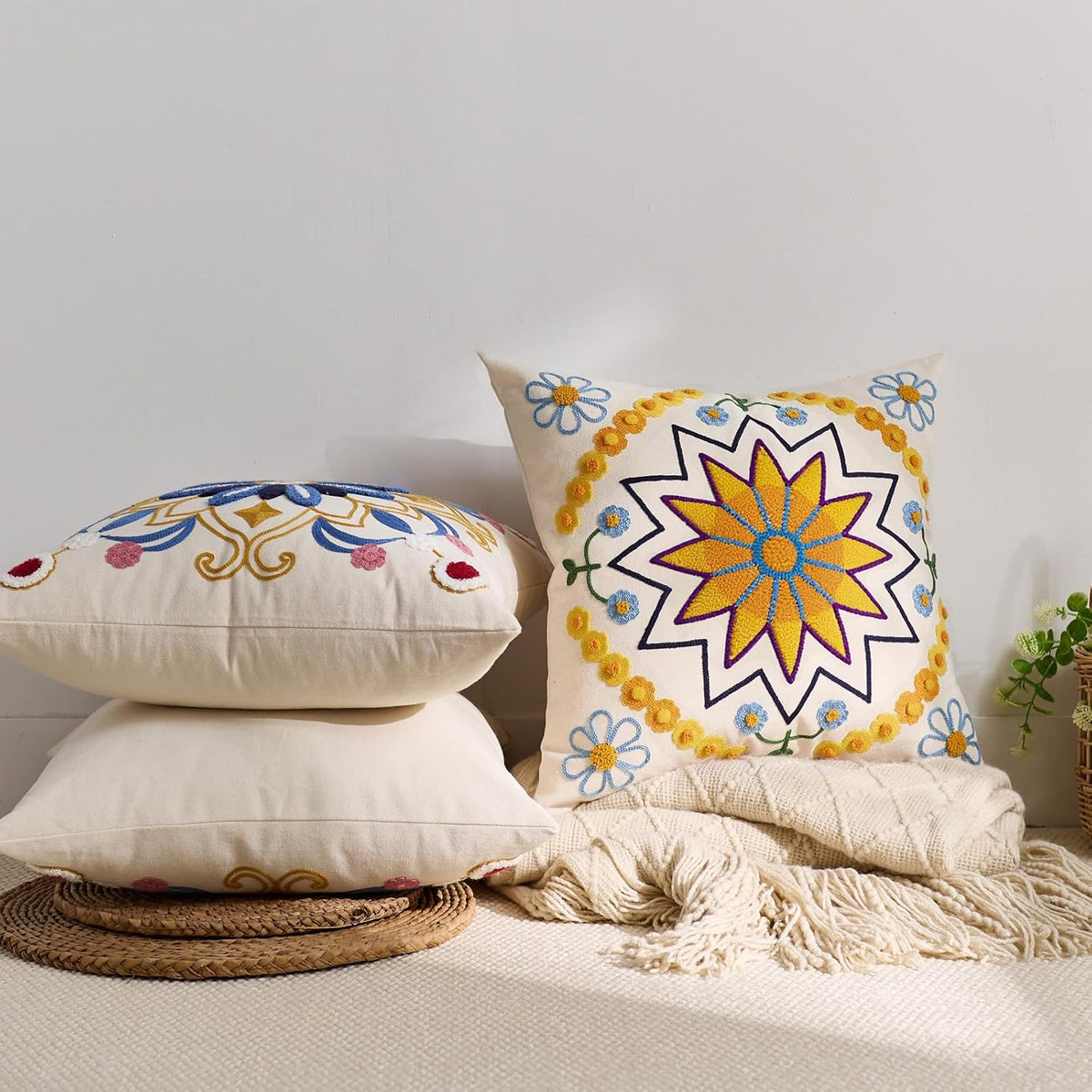 Embroidered Throw Pillow Cover 18x18 Classic Boho Floral Pattern Pillows Cover Outdoor Decorative