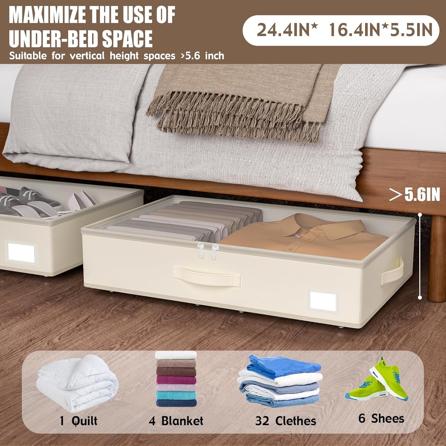Under Bed Storage with Wheels, No Assemble Required 5.5 inches height beige under bed storage