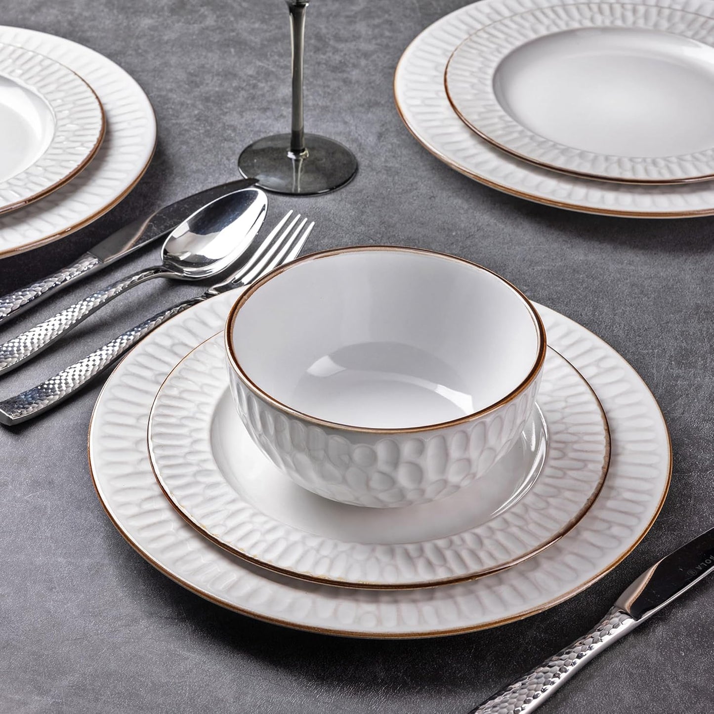 GBHOME Ceramic Dinnerware Sets, 24 pcs Embossed Elegant Stoneware Plates and Bowls Sets