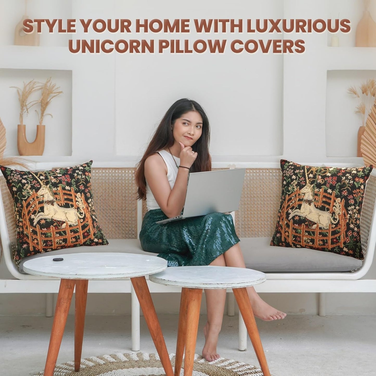 Charlotte Home Furnishings Couch Pillow Covers 16X16 in, Unicorn Decorative Throw Pillow Covers