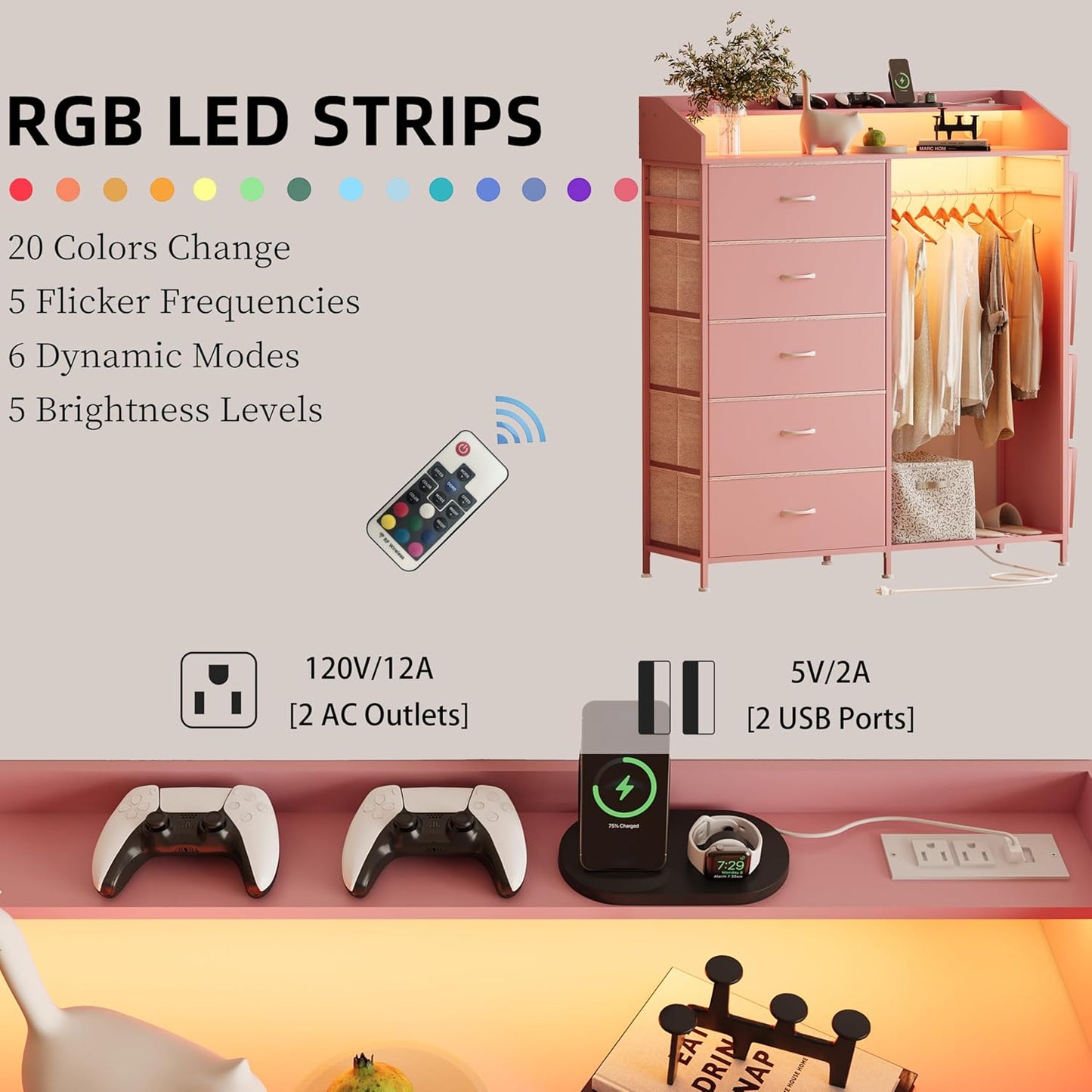 LUMTOK 2-in-1 Dresser with Hanging Racks,5 Fabric Drawers Dressers with LED Lights, Charging