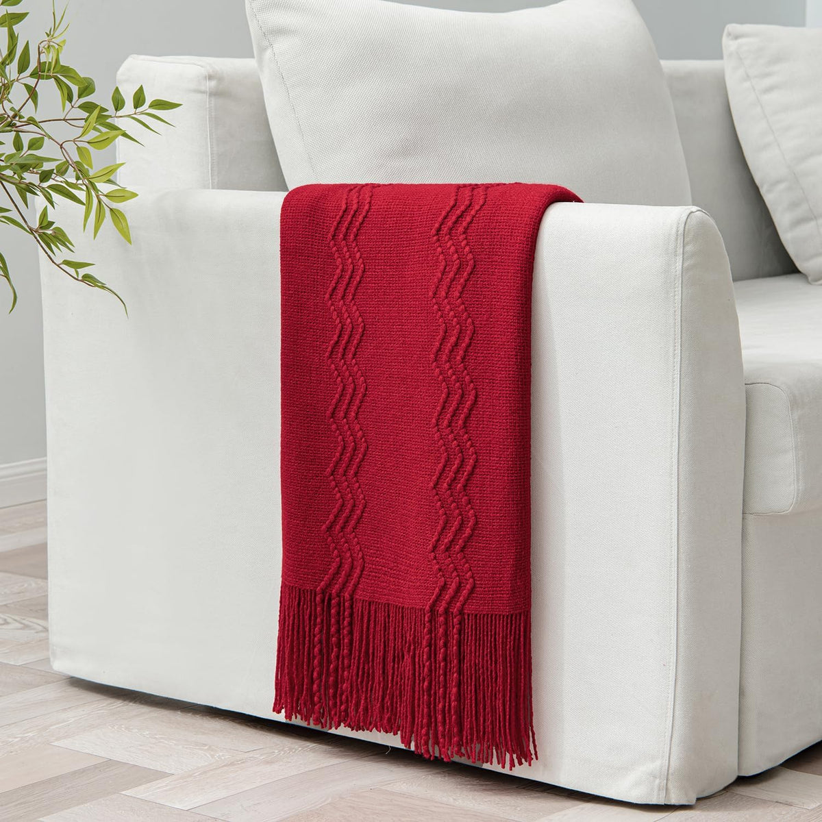 MIULEE Burgundy Red Knitted Throw Blanket for Couch Boho Textured Cozy Woven Blanket with Tassels