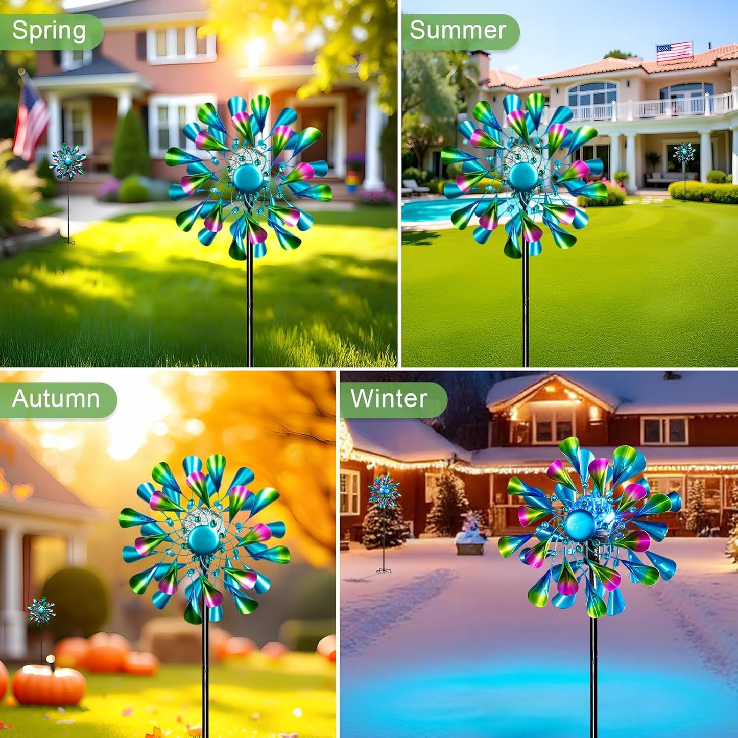 60'' Wind Spinner with Color Glass Ball Solar Lights, Green Peacock Feathers Metal Garden Outdoor
