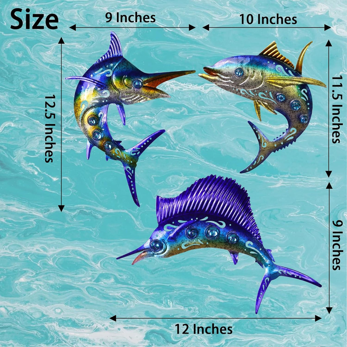 Metal Fish Wall Art Decor, 3-Piece Marlin Tuna Swordfish Set, Blue and Gold Tropical Ocean Theme