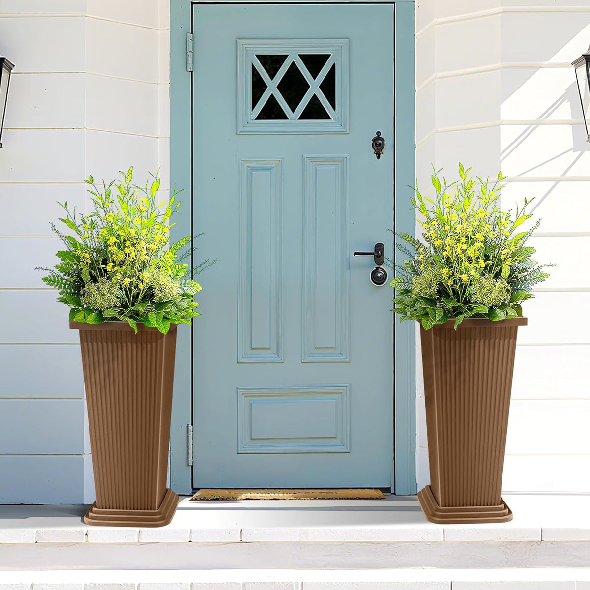 FENCY Set of 2 Tall Planters for Outdoor Plants, 24 Inch Large Tapered Pots with Drainage Trays