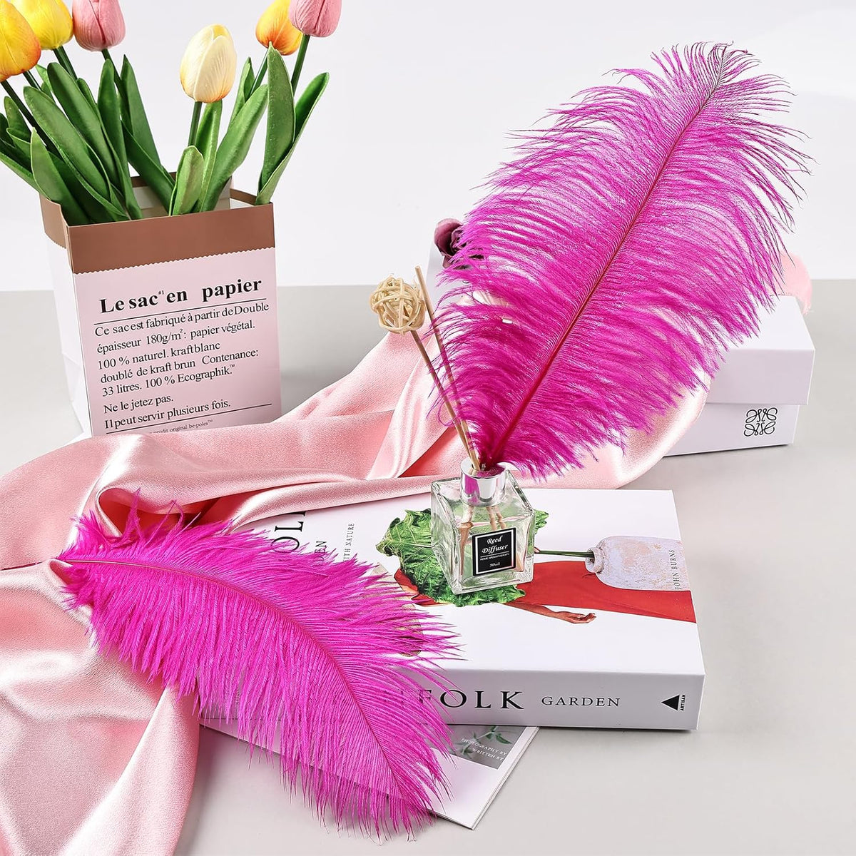 THARAHT Hot Pink Ostrich Feathers 12pcs Natural Bulk 8-10Inch 20cm-25cm for Crafts Wedding Party