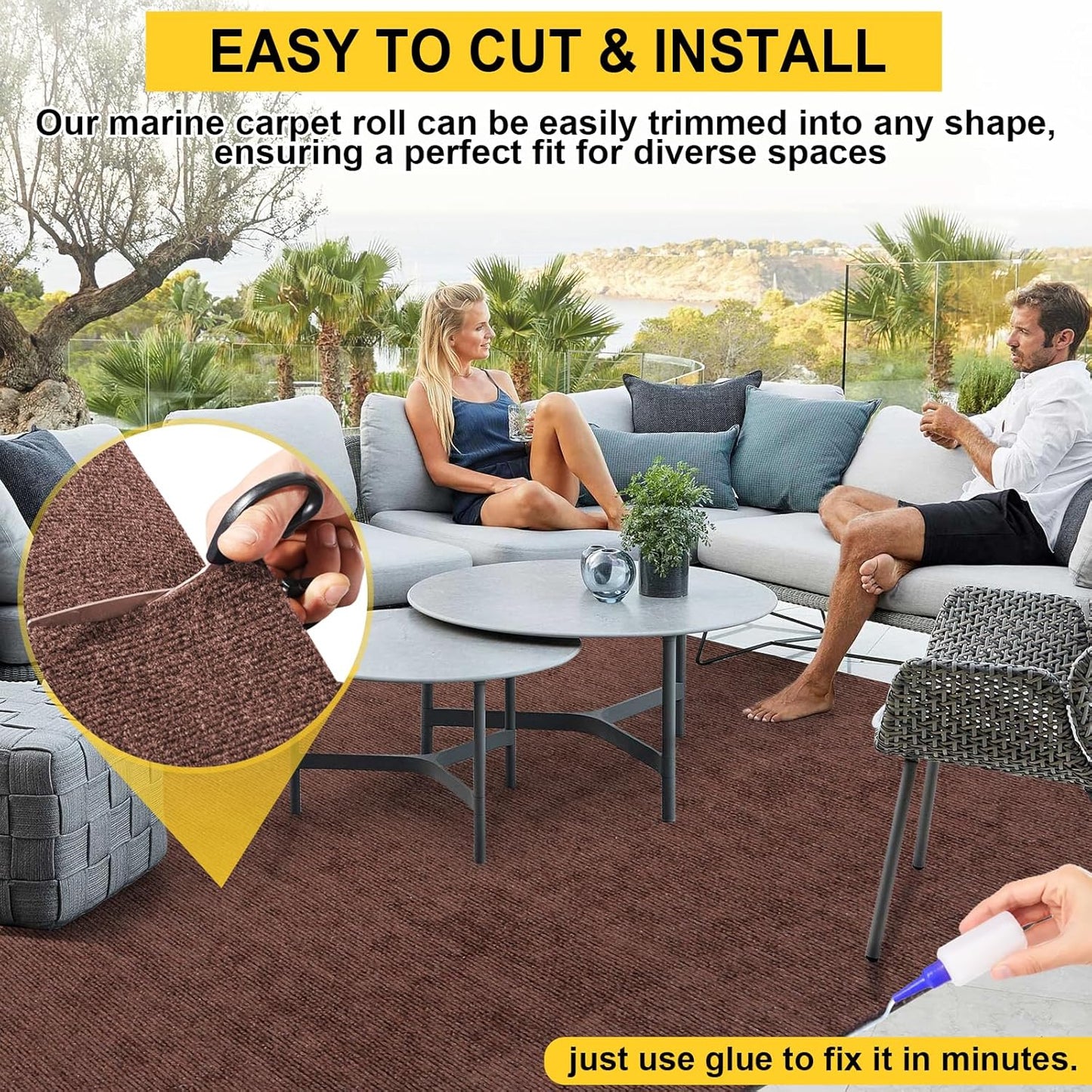 Marine Carpet, 6 FT x 10 FT Brown Indoor Outdoor Surface 0.2" Thick Boat Carpet with Water-Proof
