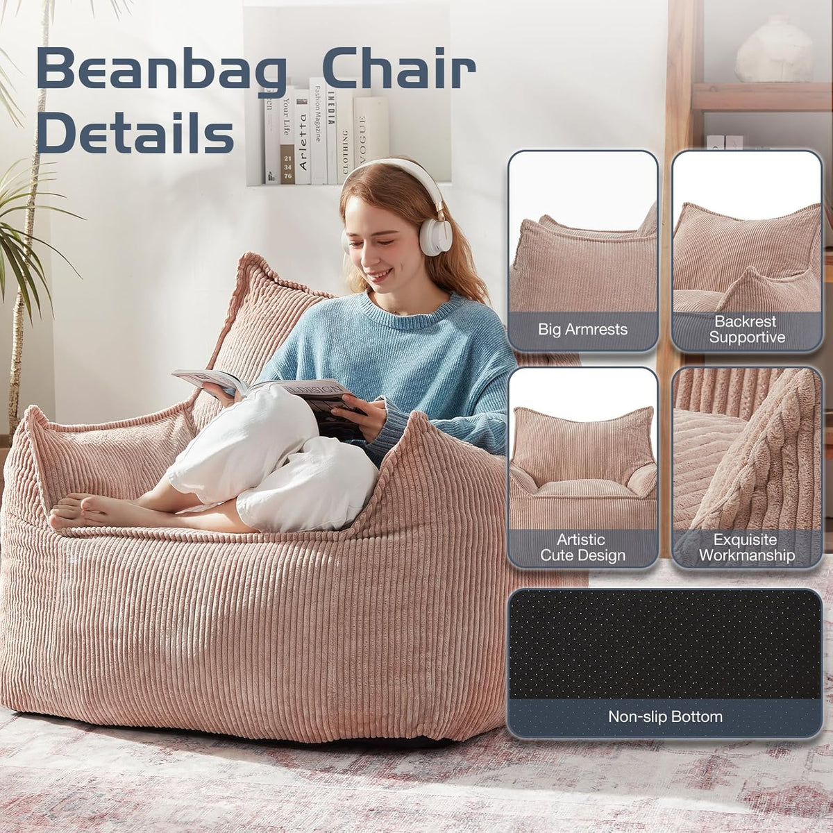 Giant Bean Bag Chair Sofa for Adults Teens, Comfy Corduroy Large Bean Bag Chairs with Armrests for