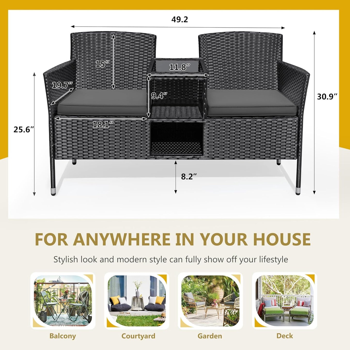 Flamaker Outdoor Furniture Patio Loveseat Wicker 2-Seat with Built-in Table and Cushions Rattan
