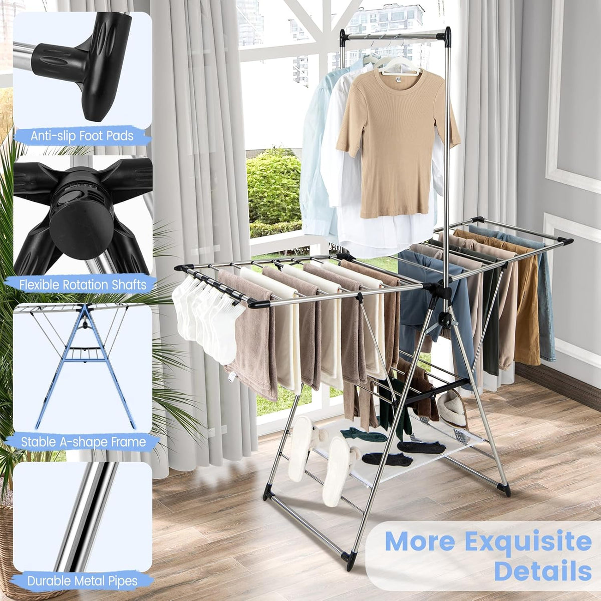 Giantex Clothes Drying Rack, Foldable Laundry Drying Rack with with 6-Level Adjustable Height, High