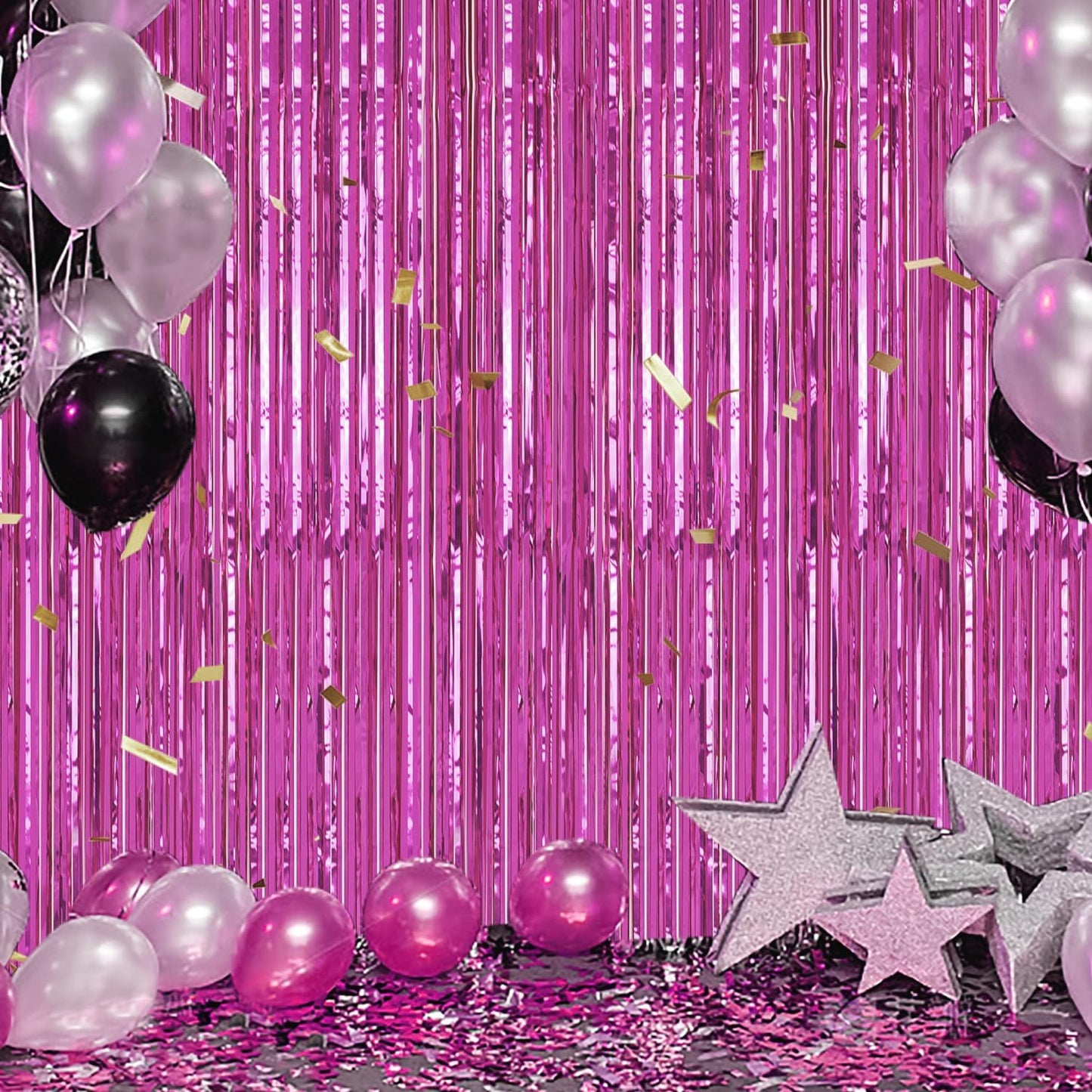 3 Pack Foil Fringe Backdrop - Hot Pink Shiny Tinsel Curtains for Party Decoration/Photo Booth Props