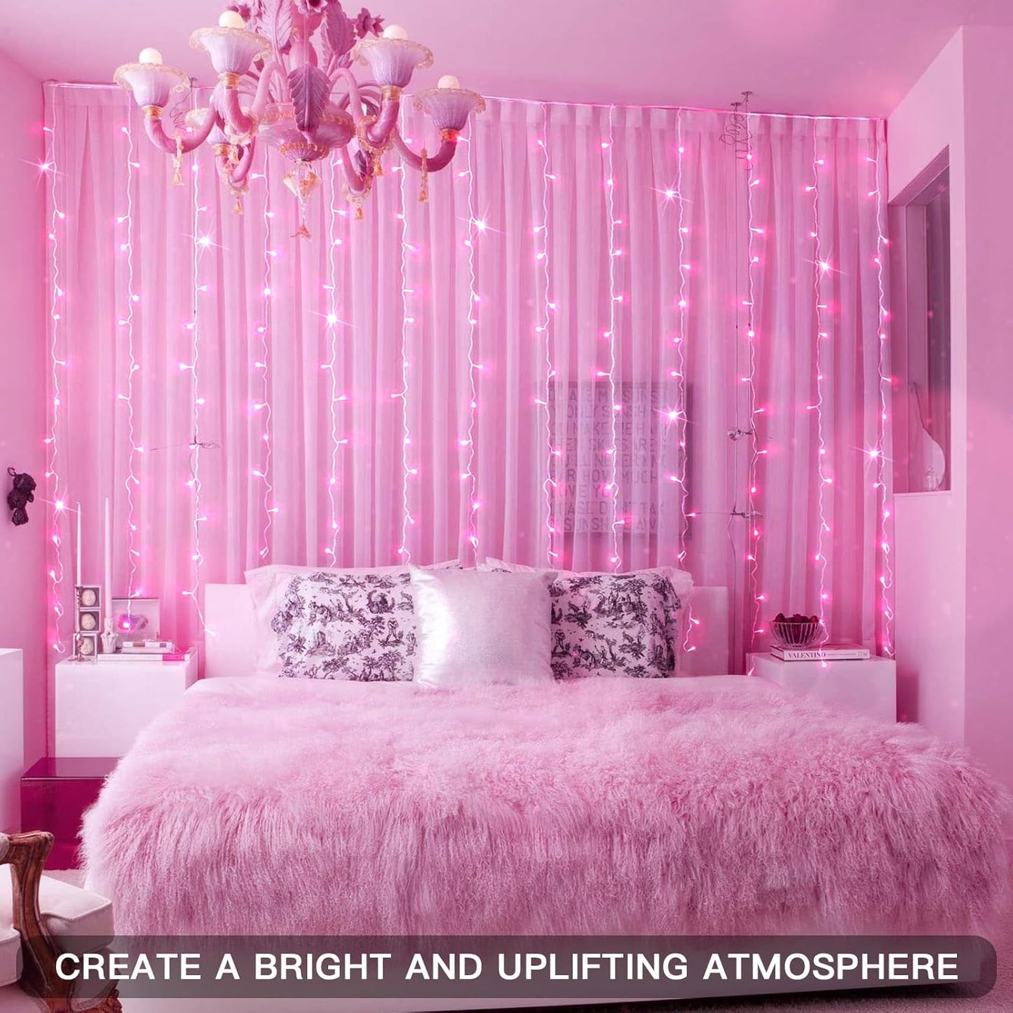 suddus Curtain Lights for Bedroom, 200 Led 6.5ft x 6.5ft Hanging String Lights Outdoor, Fairy