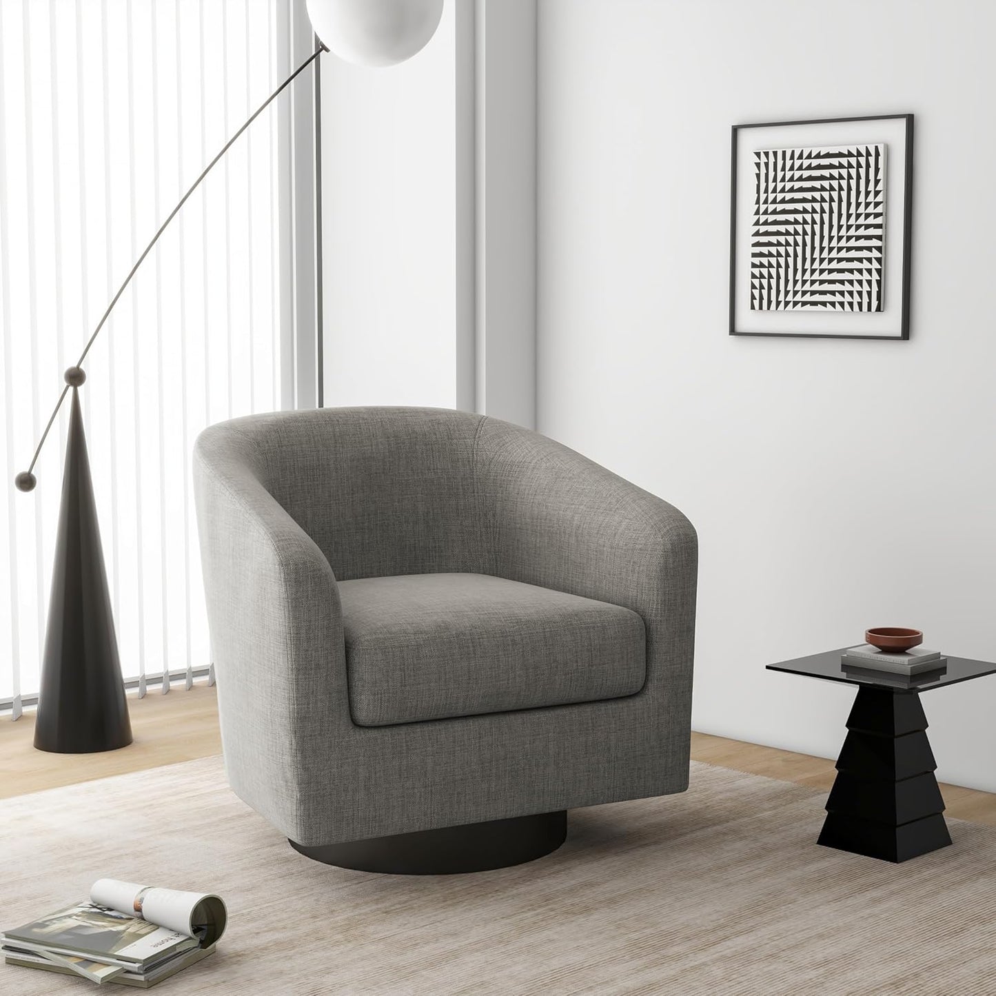 Swivel Barrel Accent Chair Set of 2, Modern Round Linen Arm Chair for Living Room, Bedroom, Comfy