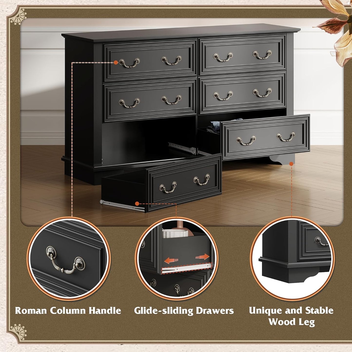 WLIVE Farmhouse Dresser for Bedroom, 51.97'' Wide Wood 6 Drawer Dresser, Chest of Drawers with