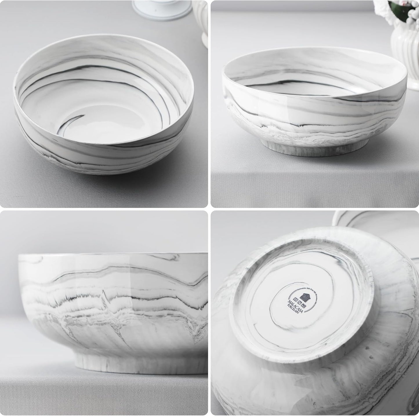 MALACASA Salad Bowls, 114 OZ(10") Extra Large Serving Bowls Set of 2, Porcelain Marble Grey Bowls