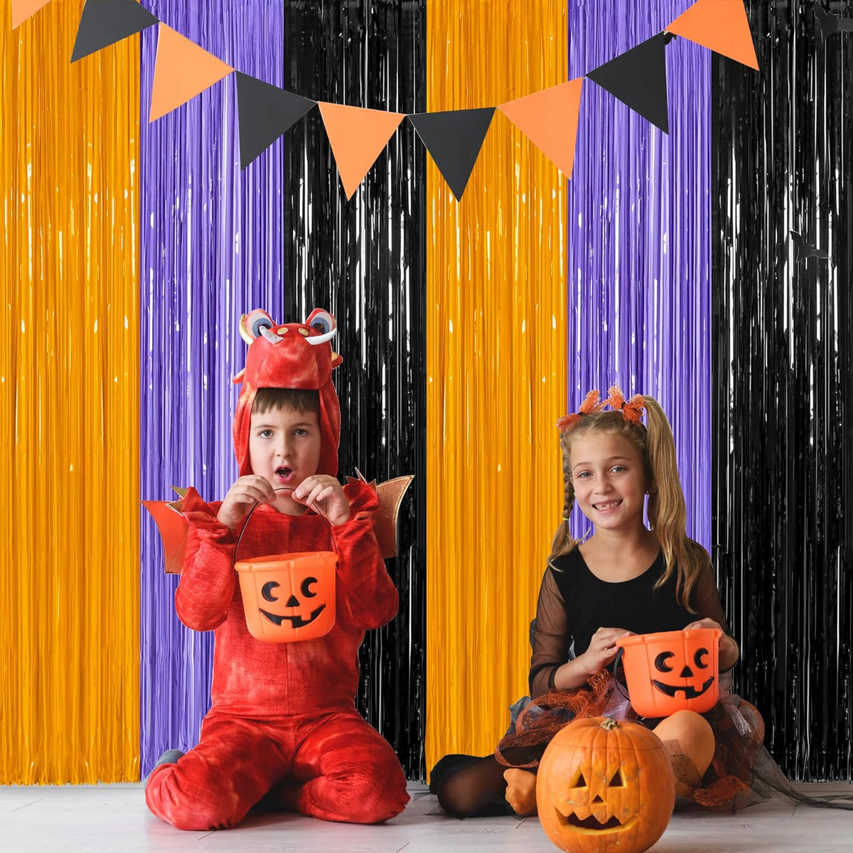 2 Pack Halloween Backdrop, 3.28 FT x 7.05 FT Foil Fringe Curtains, Orange Purple Black Party