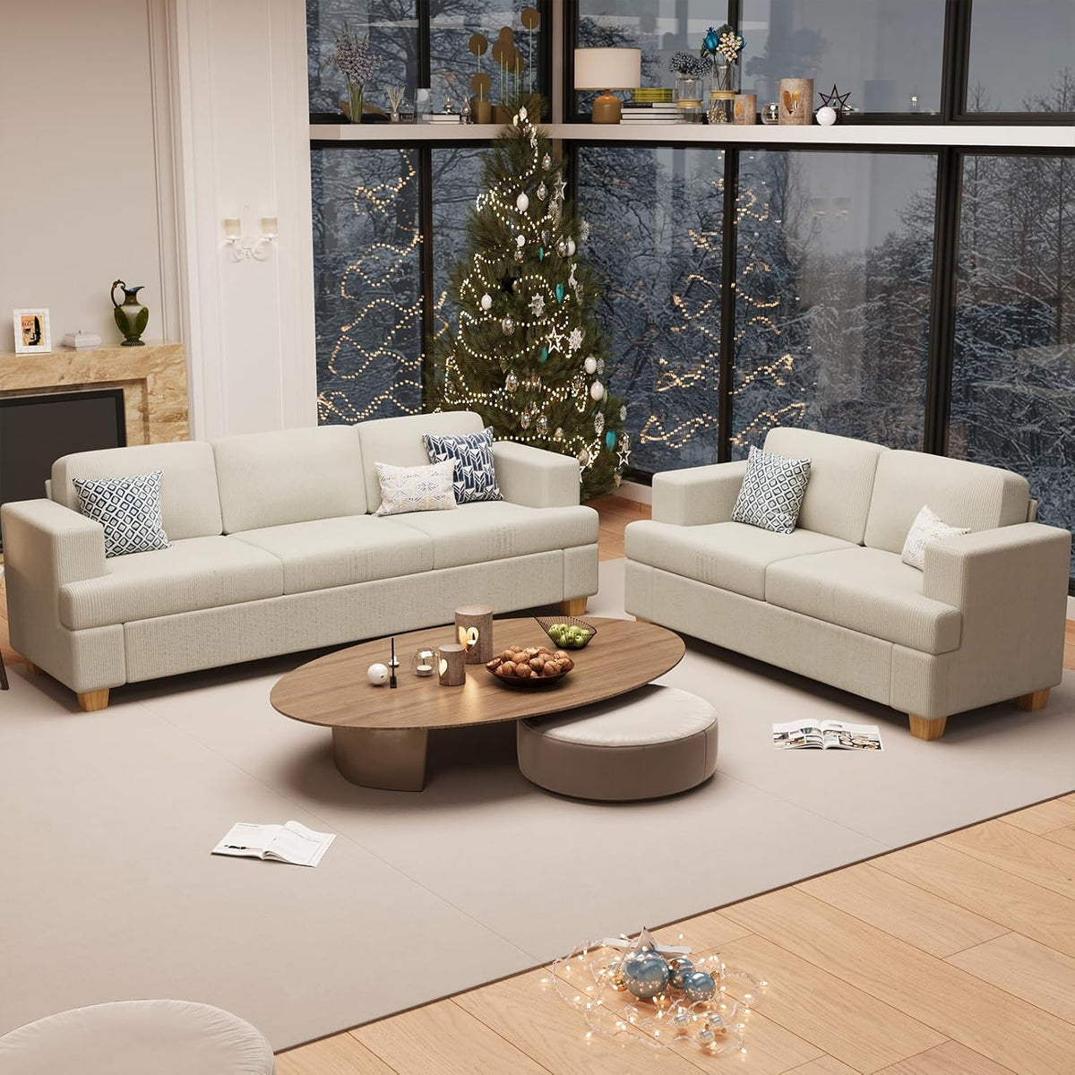 89" White Corduroy Sofa for Living Room, 3 Seater Cloud Couch, Deep Seat Floor Couch for Bedroom