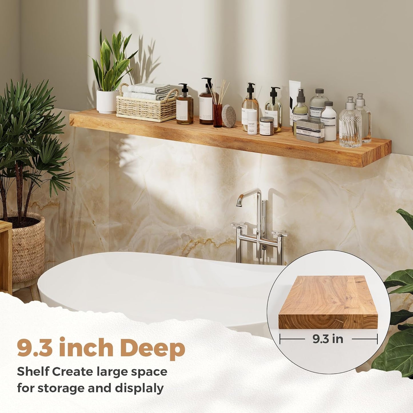 RICHFOCUS Elm Floating Shelves for Wall - 48" W x 9.3" D Rustic Solid Wood Shelves with Invisible